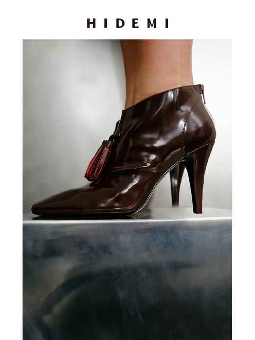 HIDEMI 节日系列进口头层牛皮流苏设计感方头极简设计感踝靴高跟鞋 白色/勃艮第红 商品图4