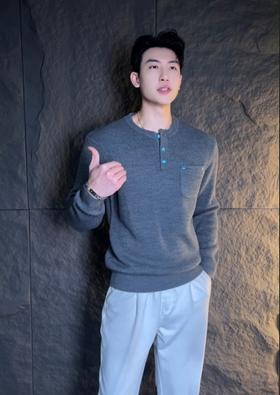 WY816秋冬季新款时尚个性韩版撞色半纽扣圆领针织毛衣百搭潮流宽松