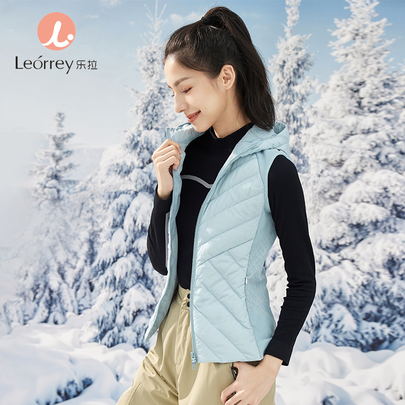 Leorrey/乐拉跑步保暖户外立领带帽显瘦秋冬白鸭绒羽绒服运动马甲