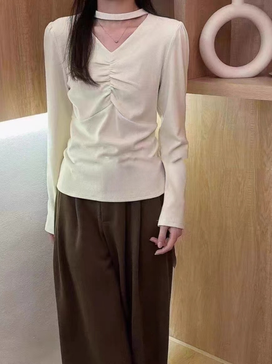 【直播专供】ENJOY秋季挂脖V领打褶厚款上衣 154900888