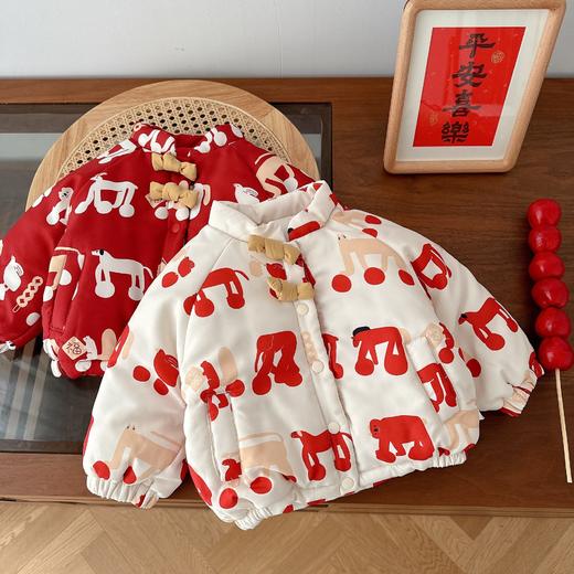 【红色拜年款，可爱卡通印花】儿童红色拜年服 0-5岁冬季女童 卡通印花棉服 男童夹棉加厚棉衣-QQ 商品图0
