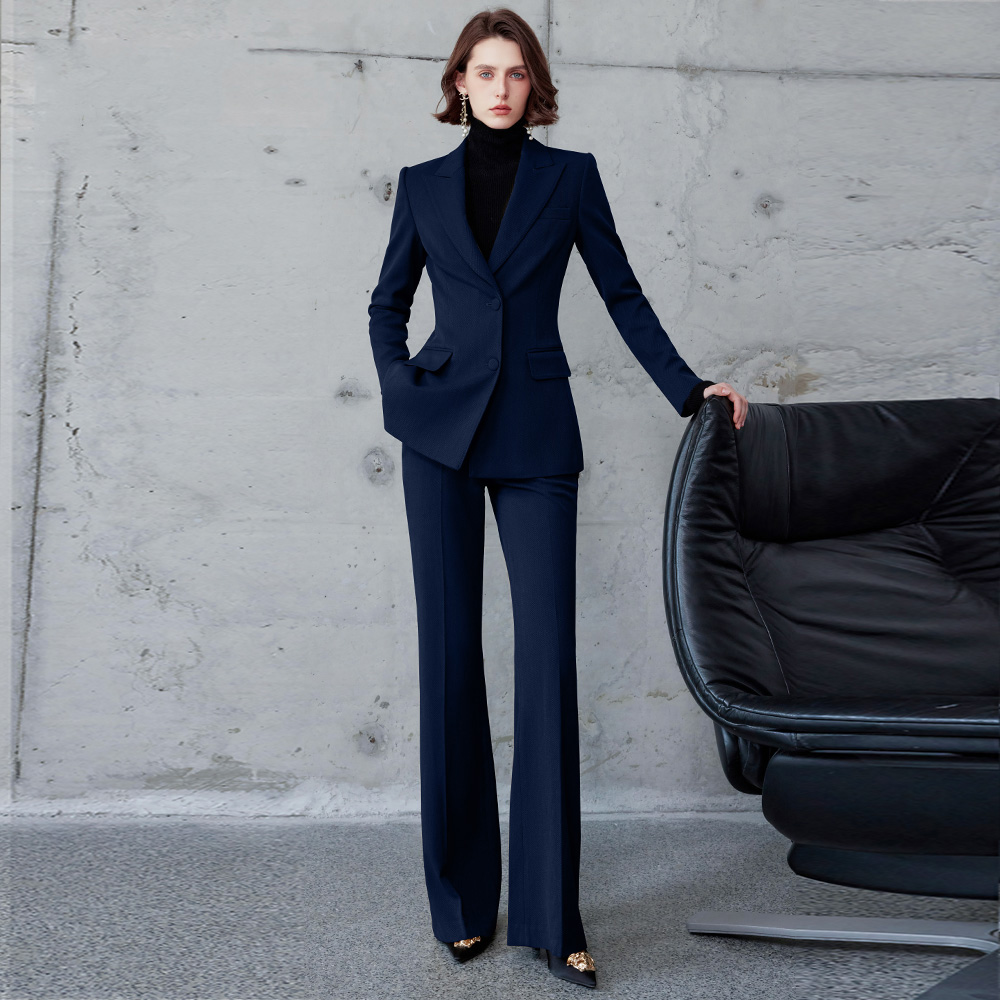 IWY/藏青色阔腿裤羊毛西装套装女英伦风酒店职业西装套装律师工作服CP2142
