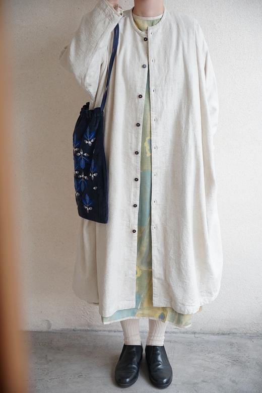 Mittan 丝棉麻混纺纽扣长袖无领连衣裙(OP-11) 商品图0