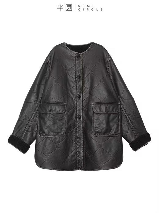 半圆/D22303403/两面穿加绒加厚中长款皮质外套 商品图3