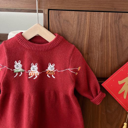 【小兔连衣裙设计可爱，红色裙子显气质】儿童针织毛衣裙 0-6岁冬季女童加厚小兔连衣裙 女宝宝红色新年裙子-QQ 商品图2