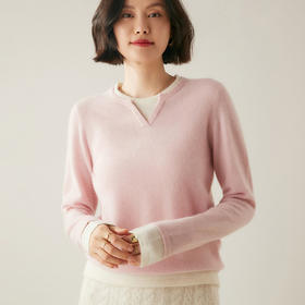【自】全新升级【铂金会员367/天猫499/差价132】(14826) 洛诗琳假两件山羊绒圆v领宽松套头拼接宽松撞色针织打底毛衣