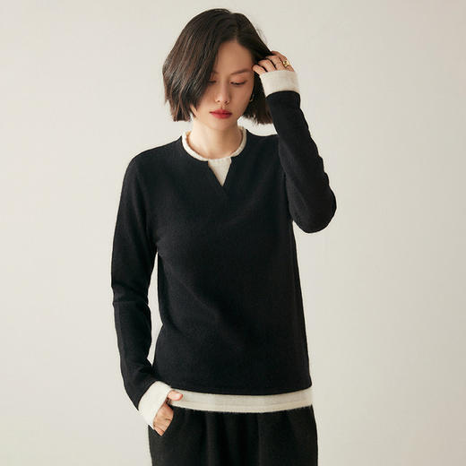 【自】全新升级【铂金会员367/天猫499/差价132】(14826) 洛诗琳假两件山羊绒圆v领宽松套头拼接宽松撞色针织打底毛衣 商品图4