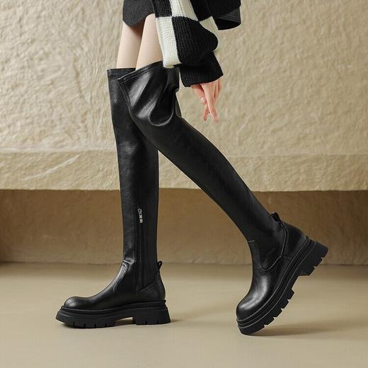 【预售7天】真皮厚底过膝靴女秋冬拼接长靴显瘦弹力瘦瘦靴高筒棕色骑士长筒靴KYD&KK7480 商品图4