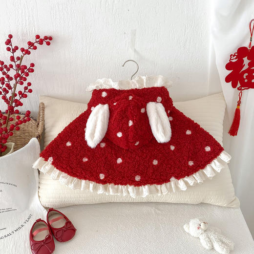 【女宝宝斗篷，花边兔耳朵设计】婴儿斗篷秋冬新款 新生女宝宝花边兔耳朵披风 外出防风公主加绒披肩-QQ 商品图2