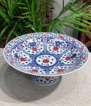 原矿釉里红缠枝高脚大果盘 商品图0