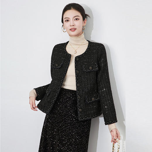 【高货wl】全新升级【铂金会员367/天猫499/差价132】(12149) 洛诗琳秋冬编织花边格子扣圆领小香风外套经典箱型短外套 商品图1