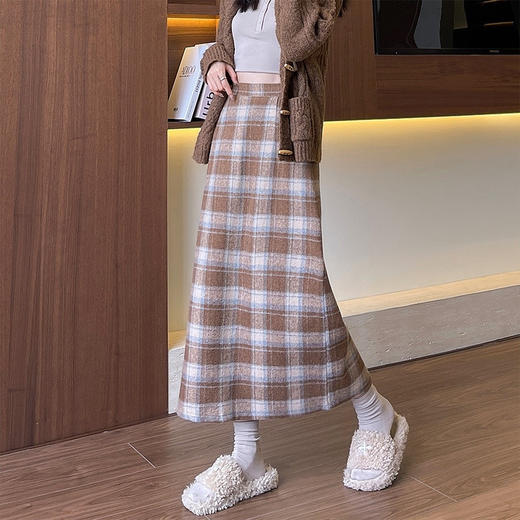 复古格子包臀裙A字毛呢半身裙（4-1203） 商品图3