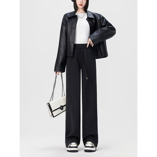 【年中特卖】熙世界黑色磨毛针织阔腿裤女秋冬新款显瘦高腰垂感休闲窄版直筒裤 商品图4