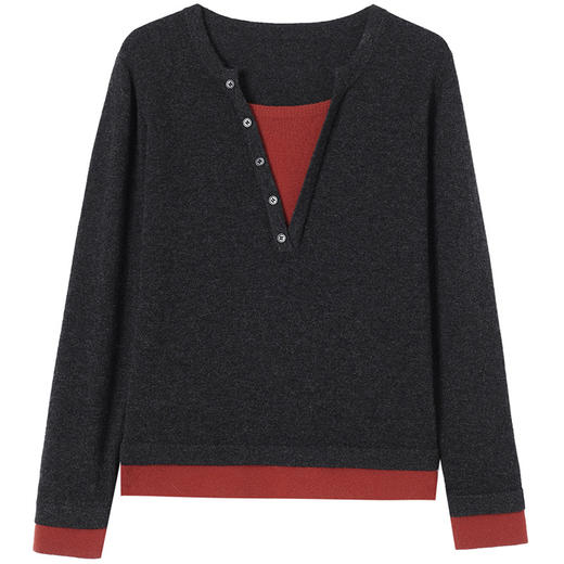 CC-YM-200    V领假两件毛衣女100纯羊毛衫2024秋冬新款时尚洋气打底衫上衣 商品图4