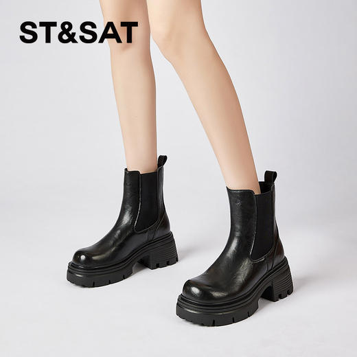 星期六时尚百搭保暖绒里厚底烟筒靴SSC4118EBB 商品图0