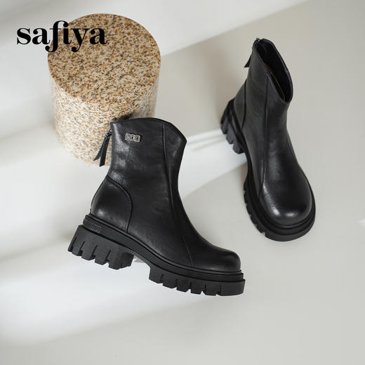 预售10天发|Safiya/索菲娅2024冬季休闲圆头增高厚底粗跟时尚百搭加绒后拉链短踝靴 SF44116414/SF44118414 商品图5