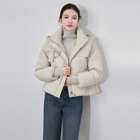 【高货wl】全新升级【铂金会员468/天猫629/差价161】(13410) 洛诗琳时尚暗扣皮革拼接连帽羽绒服90白鸭绒短款羽绒服女