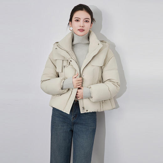 【高货wl】全新升级【铂金会员468/天猫629/差价161】(13410) 洛诗琳时尚暗扣皮革拼接连帽羽绒服90白鸭绒短款羽绒服女 商品图0