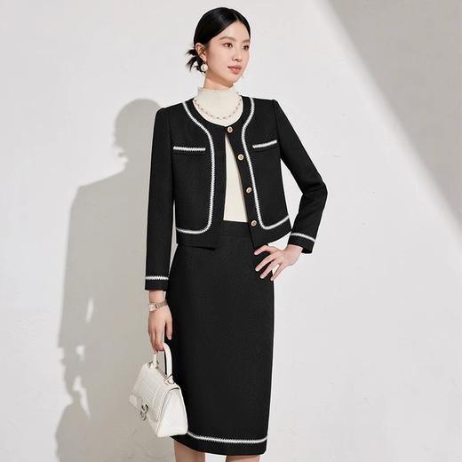 IWY/黑色织带拼色圆领小香风西装半裙套装气质时尚干练两件套职场工装 1024CS047 商品图4