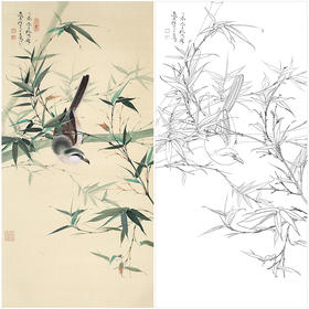 任重花鸟竹子工笔画白描底稿《幽篁伯劳》临摹勾线高清打印稿RD28