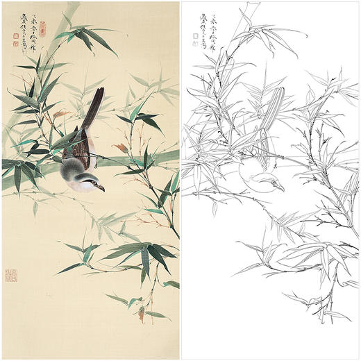 任重花鸟竹子工笔画白描底稿《幽篁伯劳》临摹勾线高清打印稿RD28 商品图0