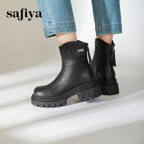 预售10天发|Safiya/索菲娅2024冬季休闲圆头增高厚底粗跟时尚百搭加绒后拉链短踝靴 SF44116414/SF44118414