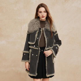 PP606斯尔丽2024冬季新款皮毛一体大翻领时尚减龄拼接机车风皮草长外套