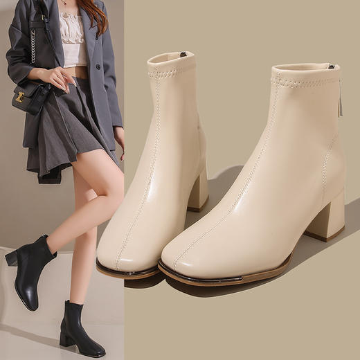 服装鞋包-新款靴子白色法式方头春秋单靴时尚中筒瘦瘦靴 商品图1