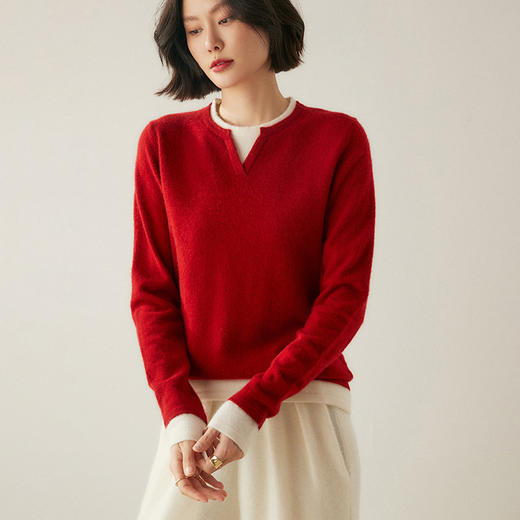 【自】全新升级【铂金会员367/天猫499/差价132】(14826) 洛诗琳假两件山羊绒圆v领宽松套头拼接宽松撞色针织打底毛衣 商品图2
