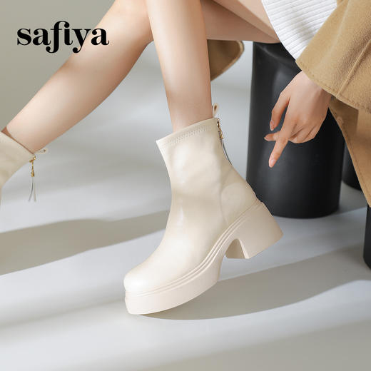 预售10天发|Safiya/索菲娅2024冬季甜酷圆头增高厚底粗跟时尚百搭加绒后拉链短踝靴SF44116415/SF44118415 商品图4
