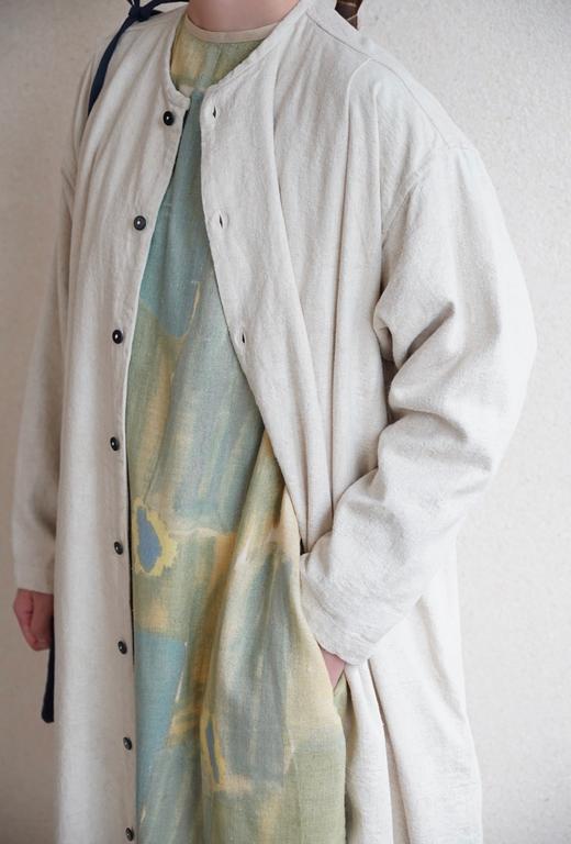 Mittan 丝棉麻混纺纽扣长袖无领连衣裙(OP-11) 商品图5