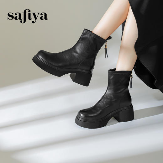 预售10天发|Safiya/索菲娅2024冬季甜酷圆头增高厚底粗跟时尚百搭加绒后拉链短踝靴SF44116415/SF44118415 商品图0