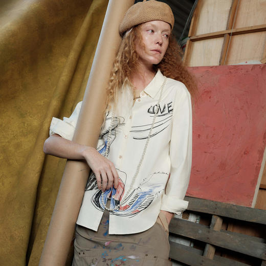 谜底主题印花衬衣长袖2025春新品复古文艺宽松纯棉衬衫251MC0048 商品图0