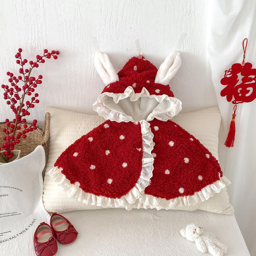 【女宝宝斗篷，花边兔耳朵设计】婴儿斗篷秋冬新款 新生女宝宝花边兔耳朵披风 外出防风公主加绒披肩-QQ 商品图3