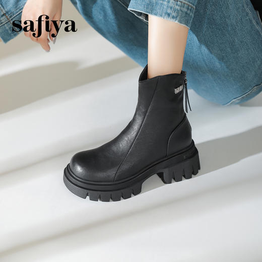 预售10天发|Safiya/索菲娅2024冬季休闲圆头增高厚底粗跟时尚百搭加绒后拉链短踝靴 SF44116414/SF44118414 商品图2