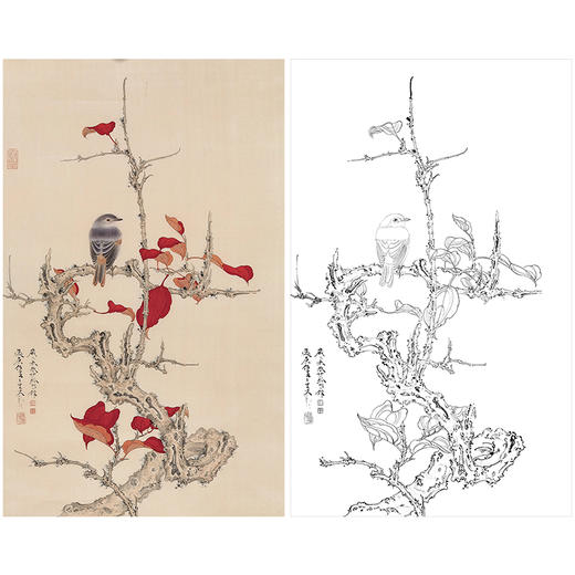 任重花鸟工笔画白描底稿《红叶小鸟》临摹勾线高清打印稿RD22 商品图0