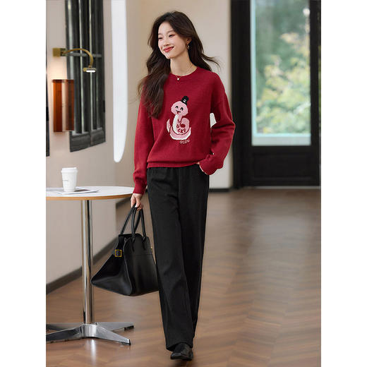 【年货节】熙世界2025蛇年本命年衣服红色毛衣女秋冬生肖图案新年针织打底衫 商品图4