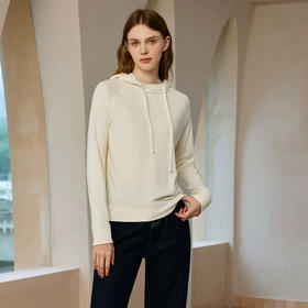 官网899！羊毛混纺保暖连帽休闲卫衣 双面磨毛宽松抽绳套头帽衫上衣女