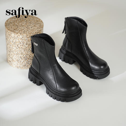 预售10天发|Safiya/索菲娅2024冬季休闲圆头增高厚底粗跟时尚百搭加绒后拉链短踝靴 SF44116414/SF44118414 商品图4