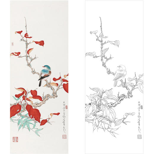 任重花鸟工笔画白描底稿《红叶小鸟》临摹勾线高清打印稿RD24 商品图0