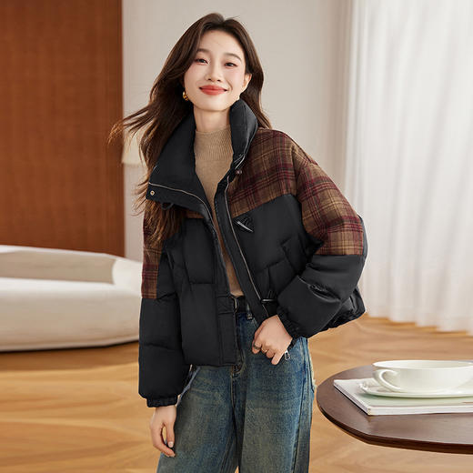 HR-WYN6107女式羽绒服2024冬季新款格子拼接加厚羽绒服百搭宽松白鸭绒外套 商品图3