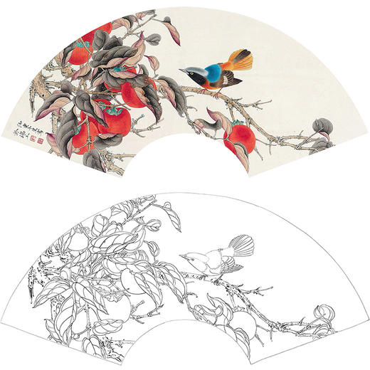 任重花鸟柿子工笔画白描底稿扇面《丹柿佳禽》临摹勾线高清打印稿RD17 商品图0