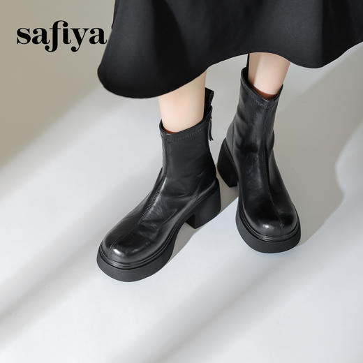 预售10天发|Safiya/索菲娅2024冬季甜酷圆头增高厚底粗跟时尚百搭加绒后拉链短踝靴SF44116415/SF44118415 商品图1