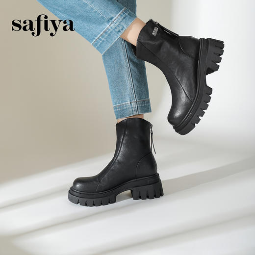 预售10天发|Safiya/索菲娅2024冬季休闲圆头增高厚底粗跟时尚百搭加绒后拉链短踝靴 SF44116414/SF44118414 商品图3