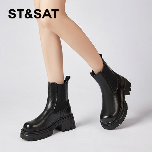 星期六时尚百搭保暖绒里厚底烟筒靴SSC4118EBB 商品图1