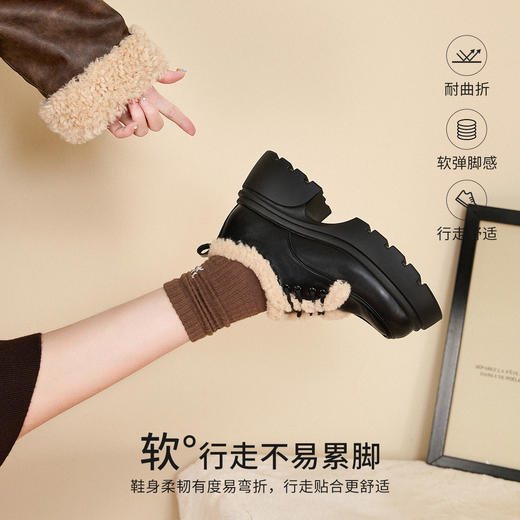 西遇加绒小皮鞋女冬季新款英伦风系带保暖棉鞋增高厚底乐福鞋V0047882 商品图2