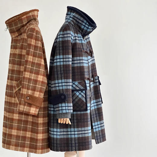 【复古格调】24新款咖蓝格复古时尚牛角扣设计师韩系毛呢大衣外套！ 商品图2