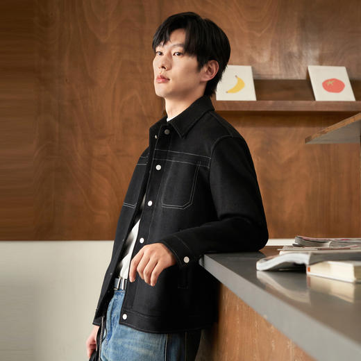 gxg.jeans男装冬季夹克黑色明线工装翻领毛呢夹克外套男 商品图1