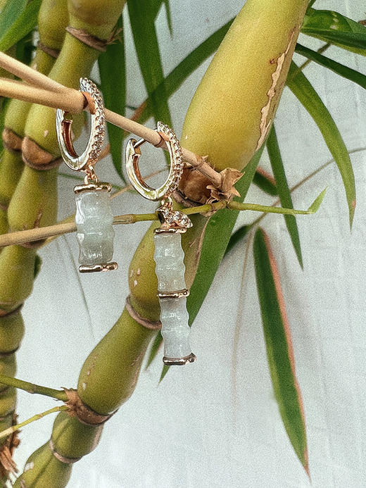 LHWINDSOR 翠色竹节耳环不对称设计感圆圈吊坠新中式耳饰耳钉 商品图5