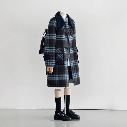 【复古格调】24新款咖蓝格复古时尚牛角扣设计师韩系毛呢大衣外套！ 商品图0